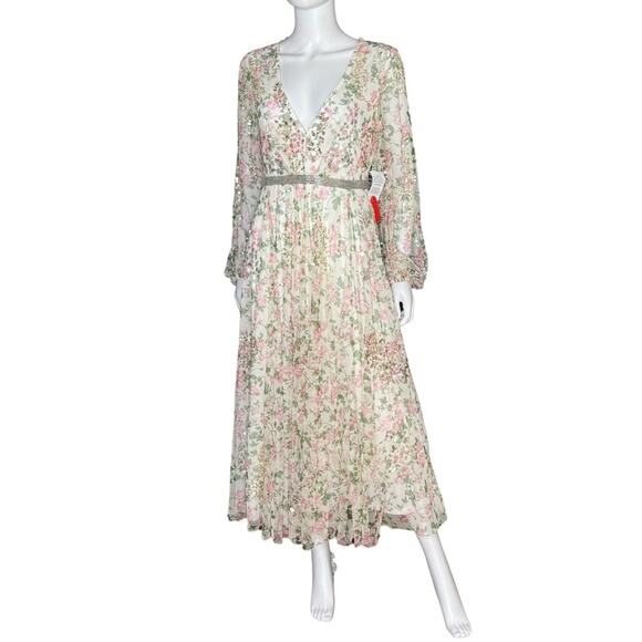 Mac Duggal White Embellished Floral Print Faux Wrap A Line Dress Women’s Sz 8 - Picture 2 of 10